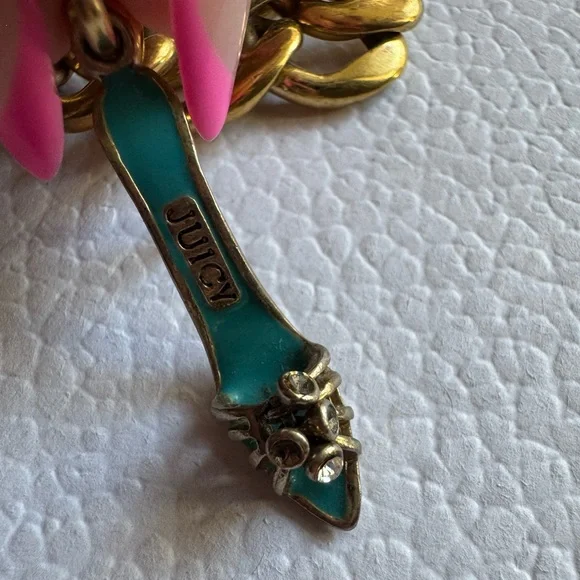 Juicy Couture Y2K Gold Tone Charm Chunky Bracelet Heart, J & Teal High Heel - Picture 9 of 9
